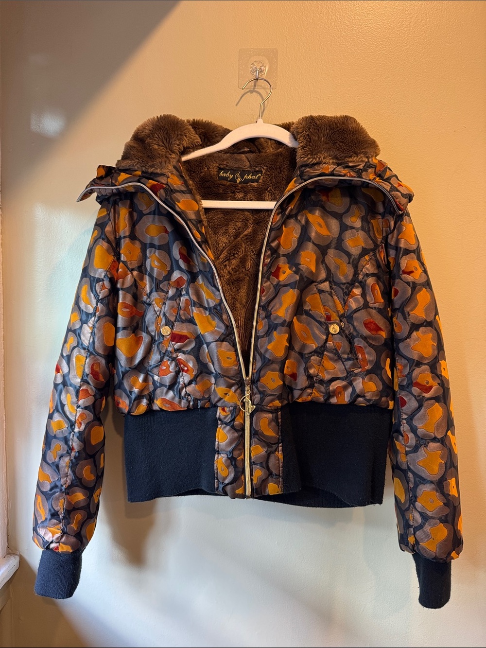 Baby Phat Brown & Orange Patterned Puffer Jacket with Faux Fur Trim